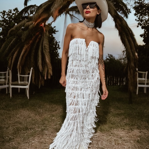 Western Sequin Fringe Maxi Dress, Country Bride Elopement Dress, Boho Wedding - Picture 9 of 10